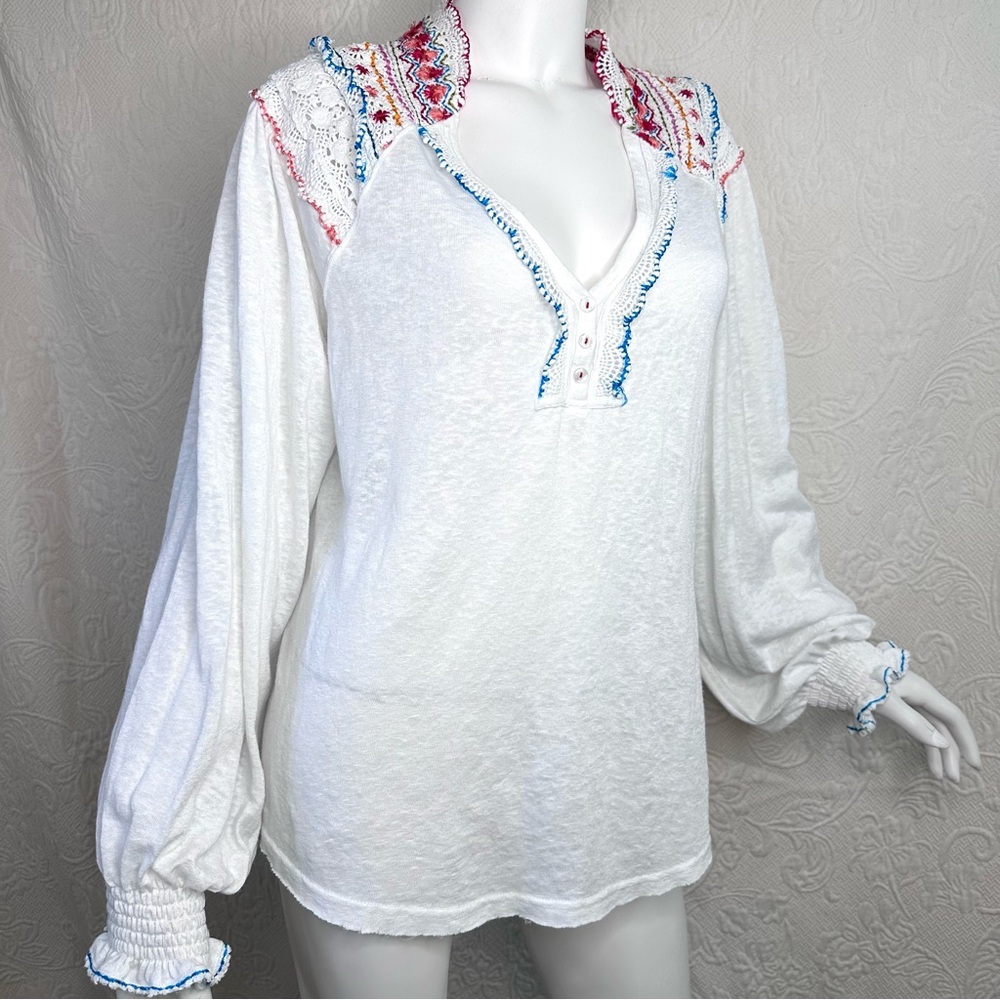 Free People Siesta Fiesta Crochet Embroidered Henley Top